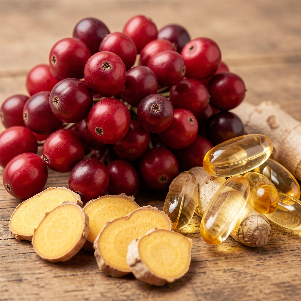 Fresh natural ingredients including hawthorn berries, turmeric root, ginger, and omega-3 sources