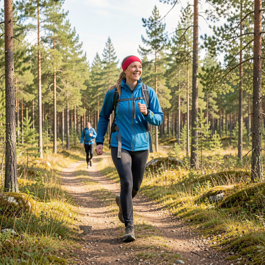 Active person enjoying outdoor activities in Finnish nature, representing vitality and wellness